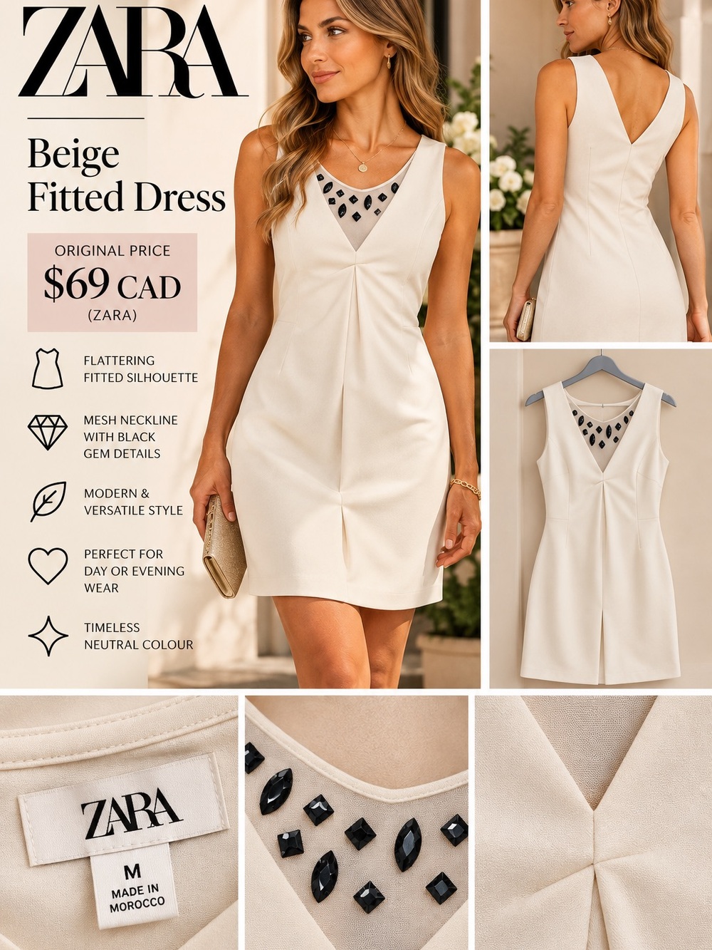 ZARA Cream Fitted Mini Dress with Black Gem Mesh